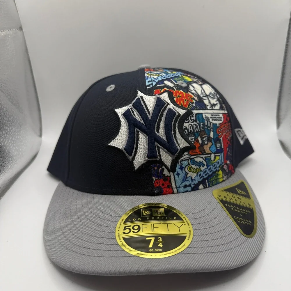 New Era 59FIFTY Low Profile NY Yankees Comic Print Fitted Hat 7 3/4 Navy Grey